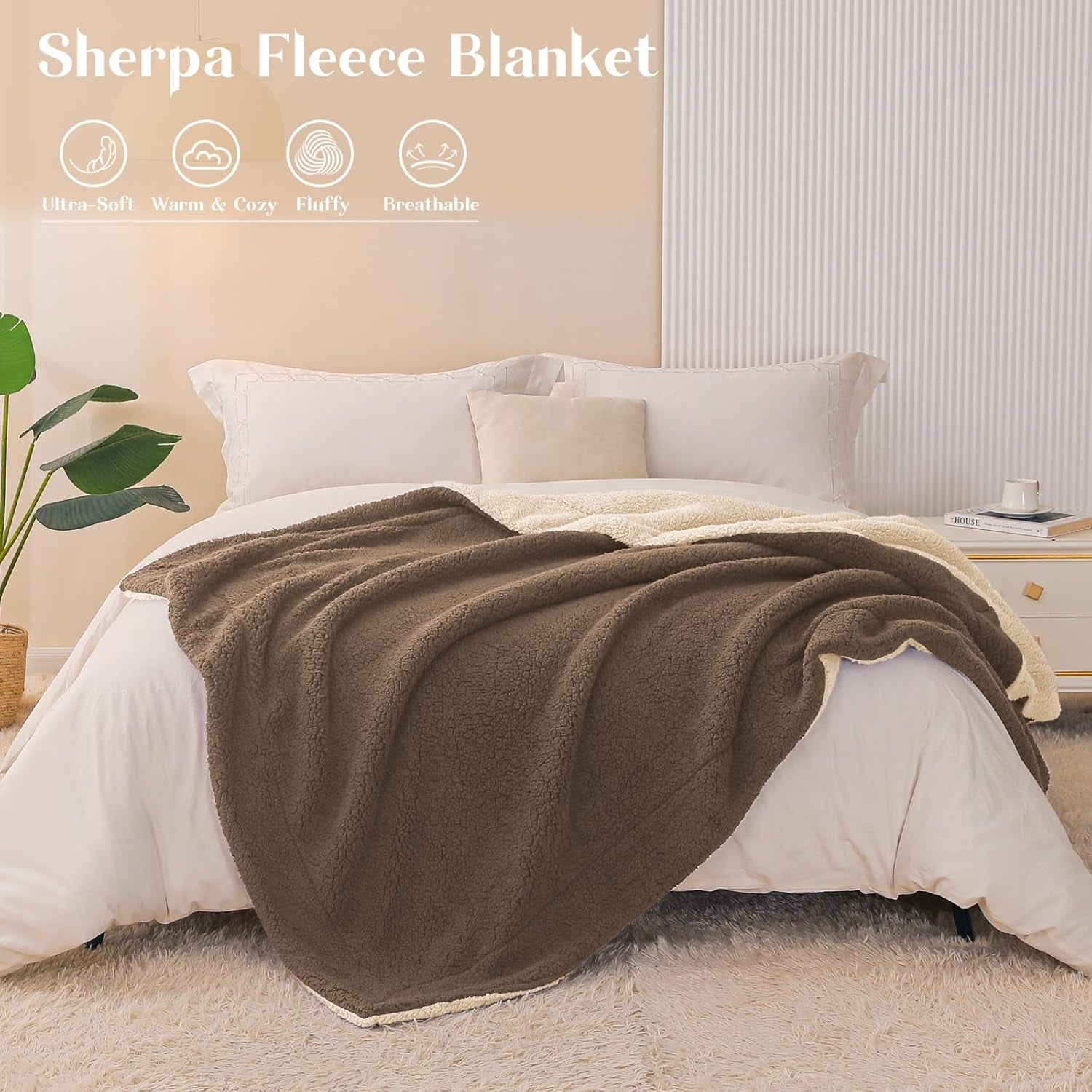 Reversible Sherpa Fleece Throw Blanket for Couch, Soft Plush Blanket for Bed, Thick Warm Fluffy Blankets for Winter, 50X60 Inches, Brown/Khaki