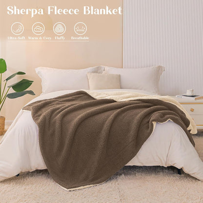 Reversible Sherpa Fleece Throw Blanket for Couch, Soft Plush Blanket for Bed, Thick Warm Fluffy Blankets for Winter, 50X60 Inches, Brown/Khaki