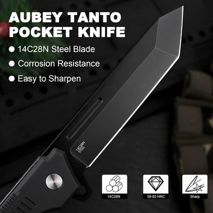 Folding Pocket Knife, 3.47" 14C28N Blade Tanto Knife with Button Lock, EDC Knife for Outdoor Camping Hiking (Aluminum Handle)