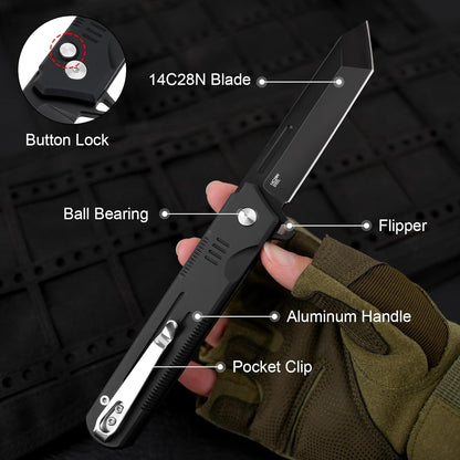 Folding Pocket Knife, 3.47" 14C28N Blade Tanto Knife with Button Lock, EDC Knife for Outdoor Camping Hiking (Aluminum Handle)