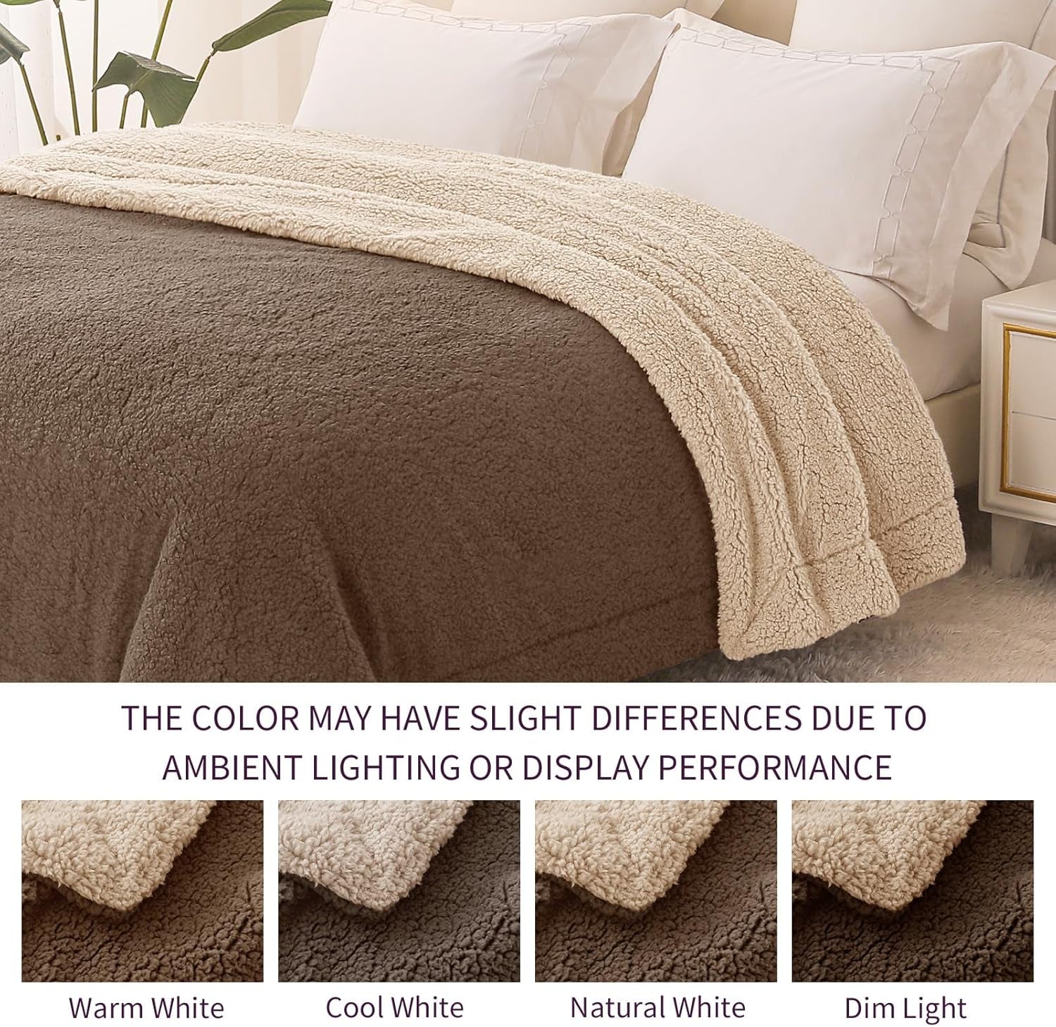 Reversible Sherpa Fleece Throw Blanket for Couch, Soft Plush Blanket for Bed, Thick Warm Fluffy Blankets for Winter, 50X60 Inches, Brown/Khaki