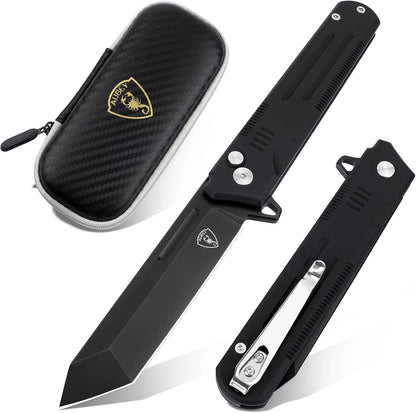 Folding Pocket Knife, 3.47" 14C28N Blade Tanto Knife with Button Lock, EDC Knife for Outdoor Camping Hiking (Aluminum Handle)
