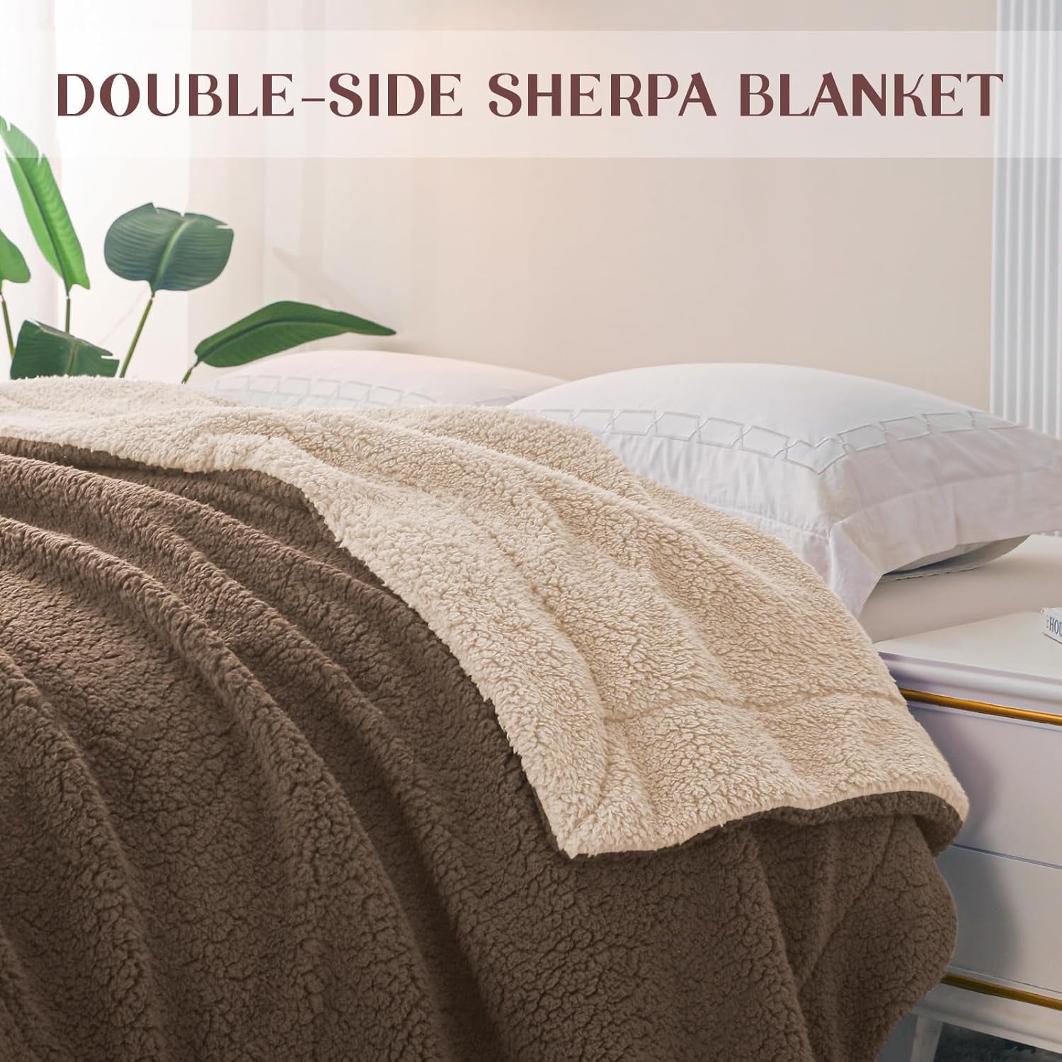 Reversible Sherpa Fleece Throw Blanket for Couch, Soft Plush Blanket for Bed, Thick Warm Fluffy Blankets for Winter, 50X60 Inches, Brown/Khaki