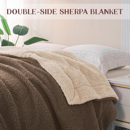 Reversible Sherpa Fleece Throw Blanket for Couch, Soft Plush Blanket for Bed, Thick Warm Fluffy Blankets for Winter, 50X60 Inches, Brown/Khaki